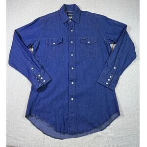 Wrangler Men Medium Blue Pearl Snap Long Sleeve Denim Western Shirt Cowboy Ranch